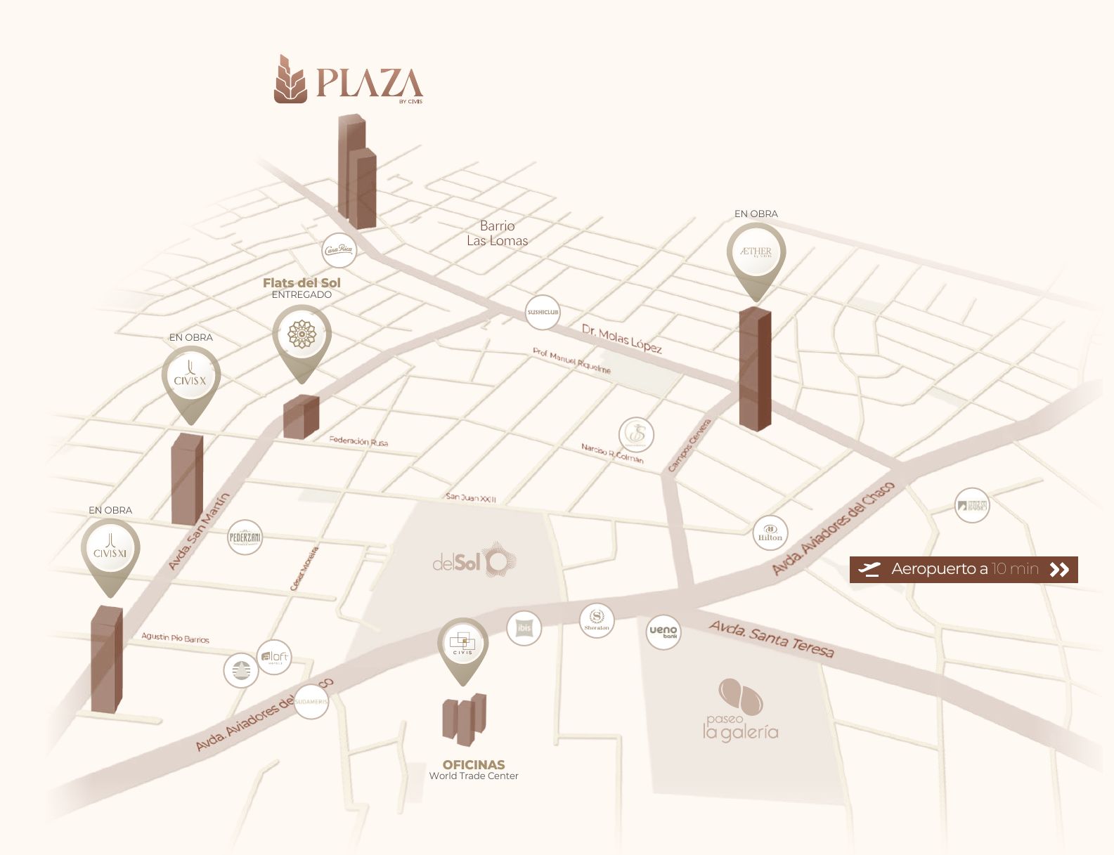 Mapa ilustrado de Las Lomas con la ubicación de Plaza, Shopping del Sol, Paseo La Galería y World Trade Center